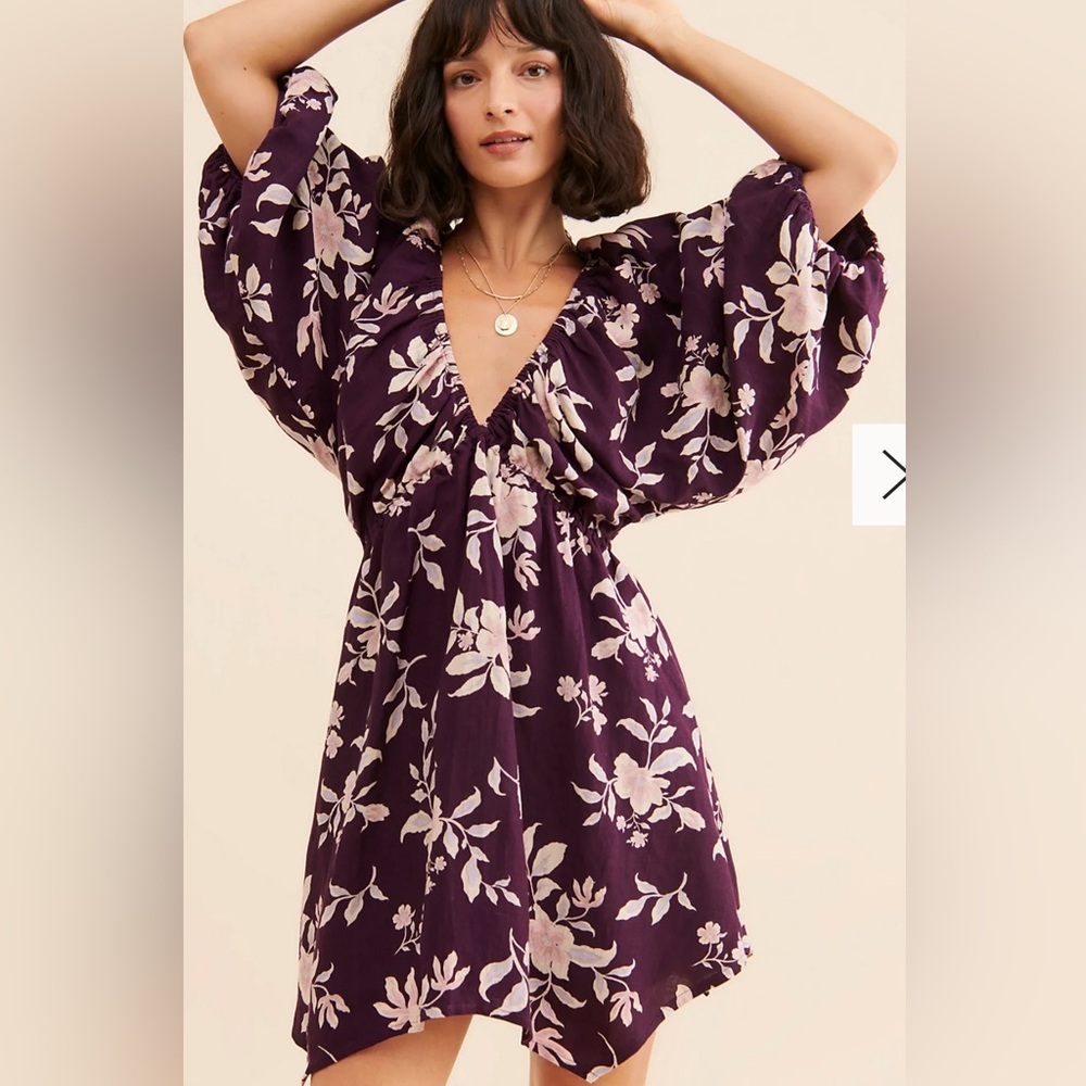 Free People Portia NWOT Mini Long Sleeve Purple Floral Dress Sz S